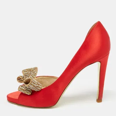 Pre-owned Valentino Garavani Red Satin Crystal Embellished Bow D'orsay Pumps Size 38.5