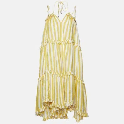 Pre-owned Zimmermann Yellow Stripe Print Linen Flared Dress S