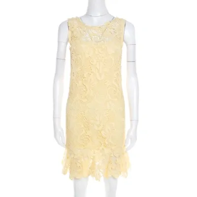 Pre-owned Ermanno Scervino Yellow Guipure Lace Sleeveless Flounce Dress S