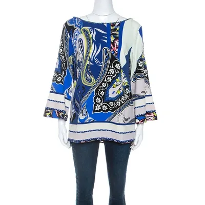 Pre-owned Etro Blue Printed Wool Crepe Top L