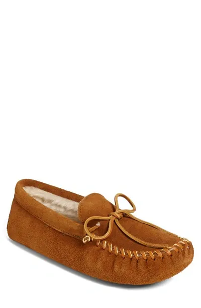 Minnetonka Suede Moccasin With Faux Fur Lining In Brown