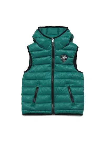 Diesel Kids' Hooded Sleeveless Padded Jacket With Allover Monogram Print In Green